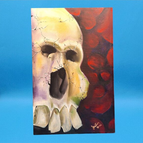 Tattoo Art Skull Painting Justin Wold Signed on Canvas Gothic Decor 11x17" - Picture 2 of 10